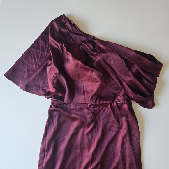 Wear Your Love Burgundy Satin Style Asymmetrical Sleeve Midi Dress Formal - Picture 4 of 15